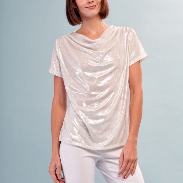 Insight BCT5715C Silver Metallic Cowl Neck Top | Ooh Ooh Shoes women's clothing and shoe boutique located in Naples