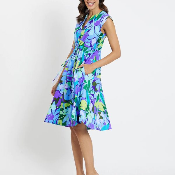 Jude Connally 101474 Kaleidoscope Floral Iris Cinched Waist Tess Midi Dress | Ooh Ooh Shoes women's clothing and shoe boutique located in Naples