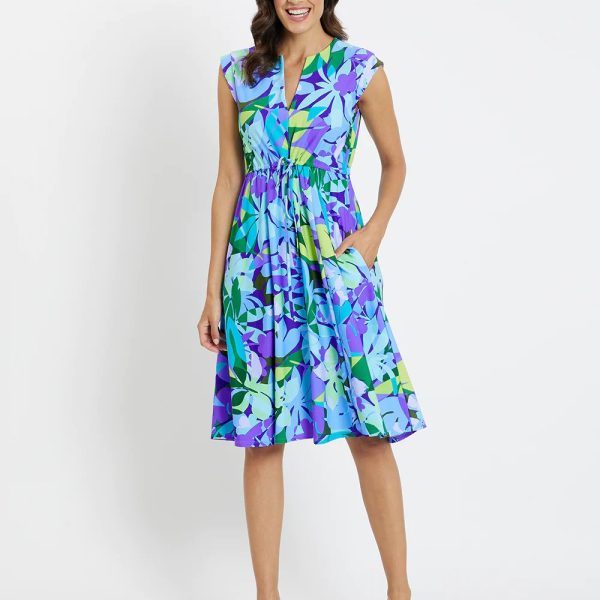 Jude Connally 101474 Kaleidoscope Floral Iris Cinched Waist Tess Midi Dress | Ooh Ooh Shoes women's clothing and shoe boutique located in Naples