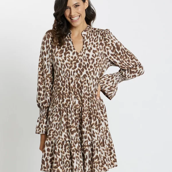 Jude Connally 101476 Speckled Cheetah Long Sleeve Smocked Cuff V Neckline Jude Cloth Tammi Dress | Ooh Ooh Shoes women's clothing and shoe boutique located in Naples