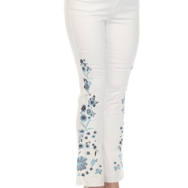 AZI Z12776 White Stretchy Flair Embroidered Flowers Jean | Ooh Ooh Shoes women's clothing and shoe boutique located in Naples