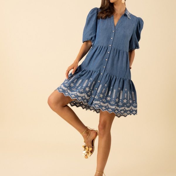 Hale Bob Rayna Embroidered Chambray Dress 53KY620T | Ooh Ooh Shoes woman's clothing and shoe store located in Naples Fl