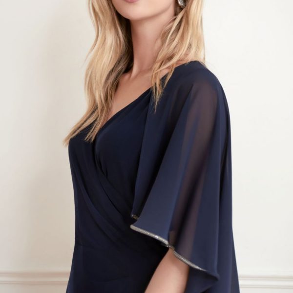 Joseph Ribkoff 221353 Midnight Blue V Neck Fitted with Attached Cape Dress | Ooh Ooh Shoes women's clothing and shoe boutique located in Naples and Mashpee