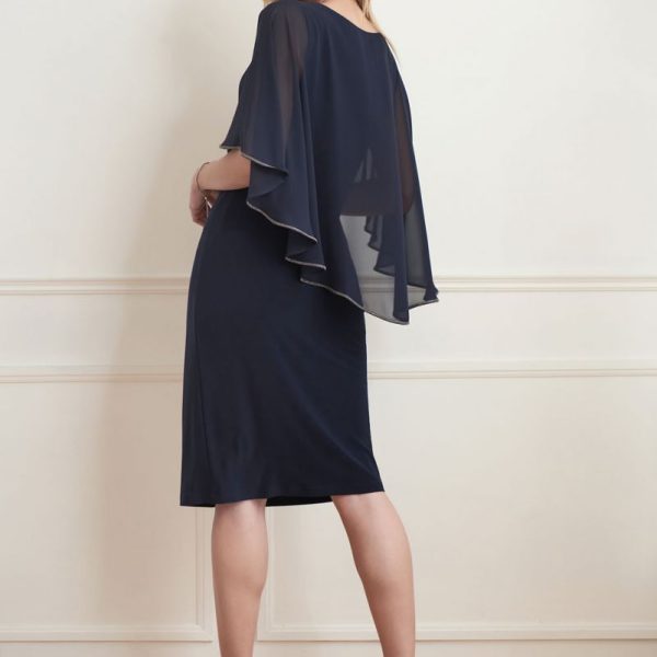 Joseph Ribkoff 221353 Midnight Blue V Neck Fitted with Attached Cape Dress | Ooh Ooh Shoes women's clothing and shoe boutique located in Naples and Mashpee