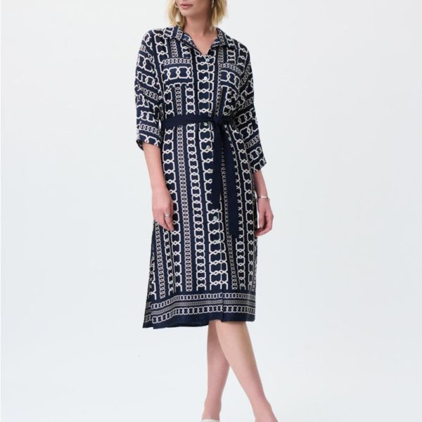 Joseph Ribkoff 231288 Midnight Blue/Multi Printed Shirt Style Dress With Tie Waist | Ooh Ooh Shoes women's clothing and shoe boutique located in Naples