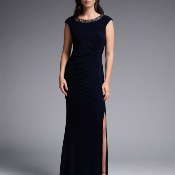 Joseph Ribkoff 231709 Midnight Blue Embellished Neckline with Side Slit Long Dress | Ooh Ooh Shoes women's clothing and shoe boutique located in Naples and Mashpee