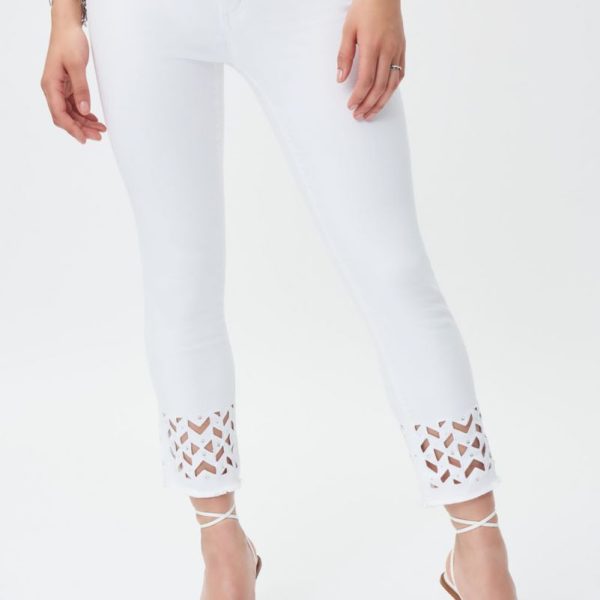 Joseph Ribkoff 231952 White Denim Embroidered and Cut Out Hem Straight Crop Jeans | Ooh Ooh Shoes women's clothing and shoe boutique located in Naples and Mashpee