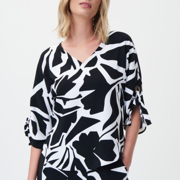 Joseph Ribkoff 232045 Vanilla/Black Abstract Print V Neck Tunic Top | Ooh Ooh Shoes women's clothing and shoe boutique located in Naples and Mashpee