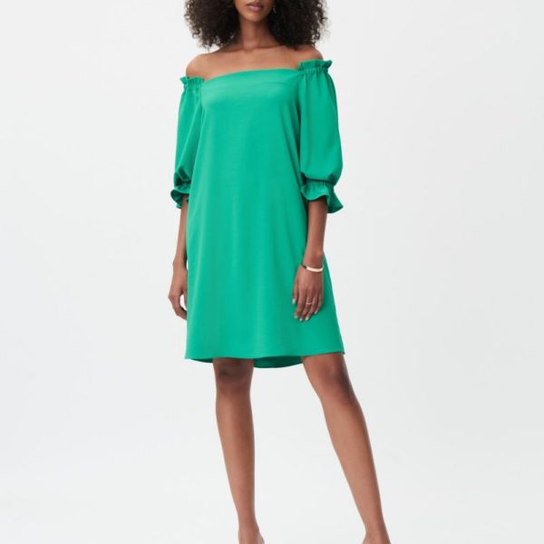 Joseph Ribkoff 232193 Foliage Off Shoulder Puffy Sleeve Dress | Ooh Ooh Shoes women's clothing and shoe boutique located in Naples and Mashpee