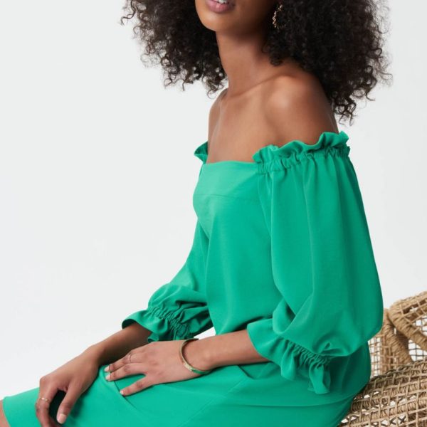 Joseph Ribkoff 232193 Foliage Off Shoulder Puffy Sleeve Dress | Ooh Ooh Shoes women's clothing and shoe boutique located in Naples and Mashpee