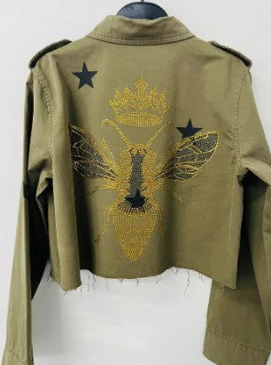 Moving Forward Designs Army Green Long Sleeve Gold Queen Bee Cropped Shacket | Ooh Ooh Shoes women's clothing and shoe boutique located in Naples