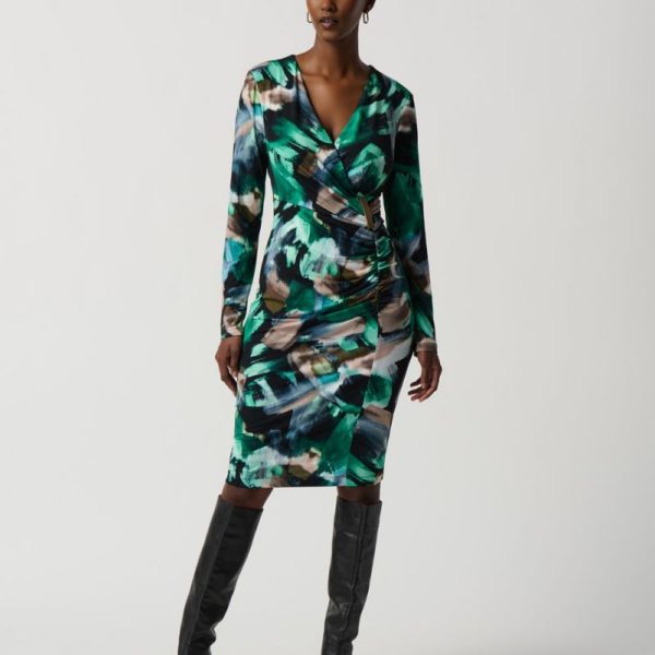 Joseph Ribkoff 234019 Black/Multi Abstract Print Wrap Silhouette Dress | Ooh Ooh Shoes women's clothing and shoe boutique located in Naples