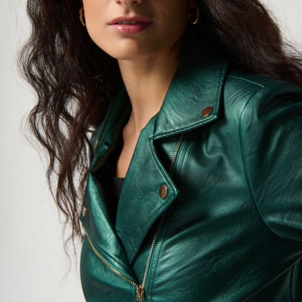 Joseph Ribkoff 234902 Emerald Metallic Faux Leather Moto Jacket | Ooh Ooh Shoes women's clothing and shoe boutique located in Naples