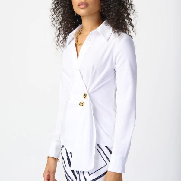 Joseph Ribkoff 241181 White Stretch Woven Wrap Blouse With Gold Buttons | Ooh Ooh Shoes women's clothing and shoe boutique located in Naples