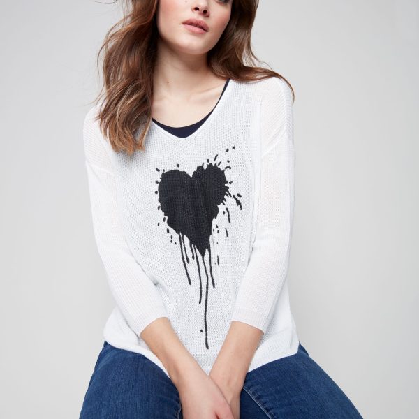 Charlie B C2513S-544B White V Neck Leaky Black Heart Printed Sweater | Ooh Ooh Shoes women's clothing and shoe boutique located in Naples and Mashpee