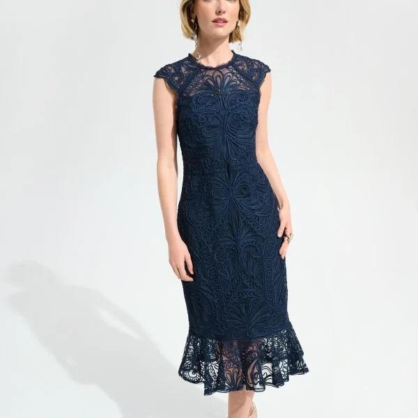 Joseph Ribkoff Guipure Soutache Trumpet Dress With Ruffle Hem Style 261740 | Ooh Ooh Shoes woman's clothing and shoe boutique located in Naples Florida