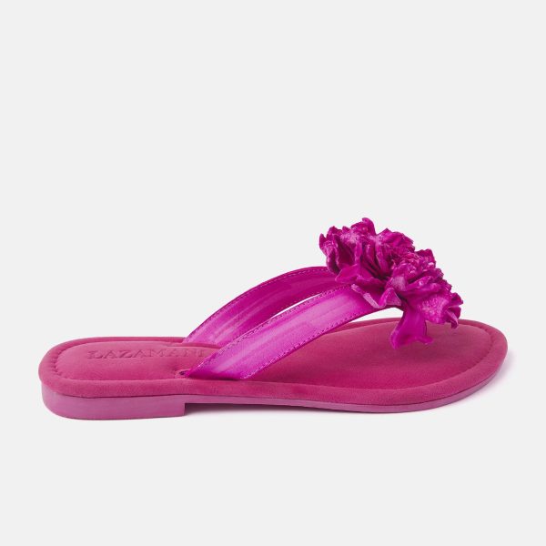Lazamani 33.517 Fuchsia Leather Sandal with Flower | Ooh Ooh Shoes women's clothing and shoe boutique located in Naples and Mashpee