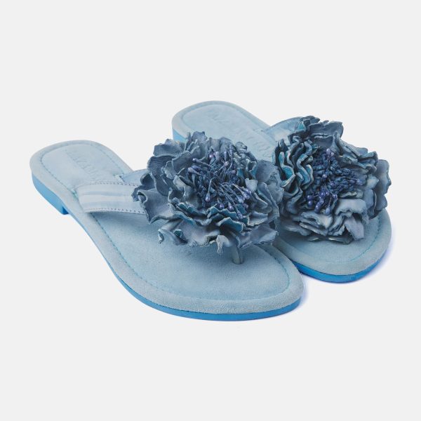 Lazamani 33.517 Sky Blue Leather Sandal with Flower | Ooh Ooh Shoes women's clothing and shoe boutique located in Naples and Mashpee