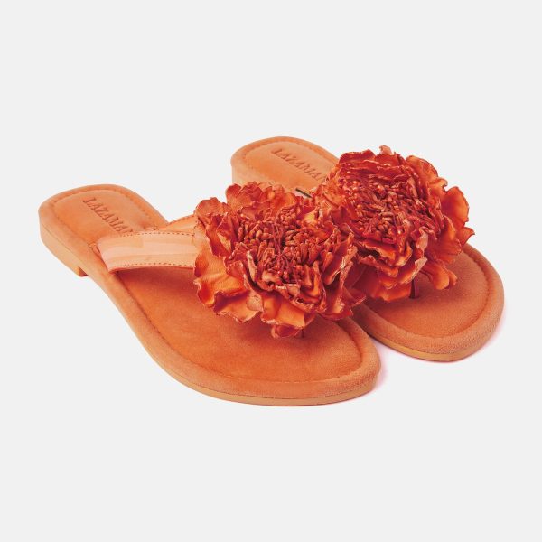 Lazamani 33.517 Orange Leather Sandal with Flower | Ooh Ooh Shoes women's clothing and shoe boutique located in Naples and Mashpee