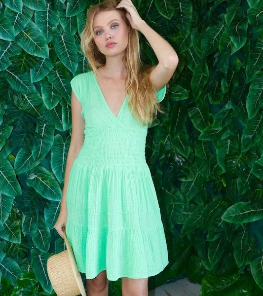 felicite 3913-113 Polo Green Smock 100% Cotton Gauze Mini Dress | Ooh Ooh Shoes women's clothing and shoe boutique located in Naples