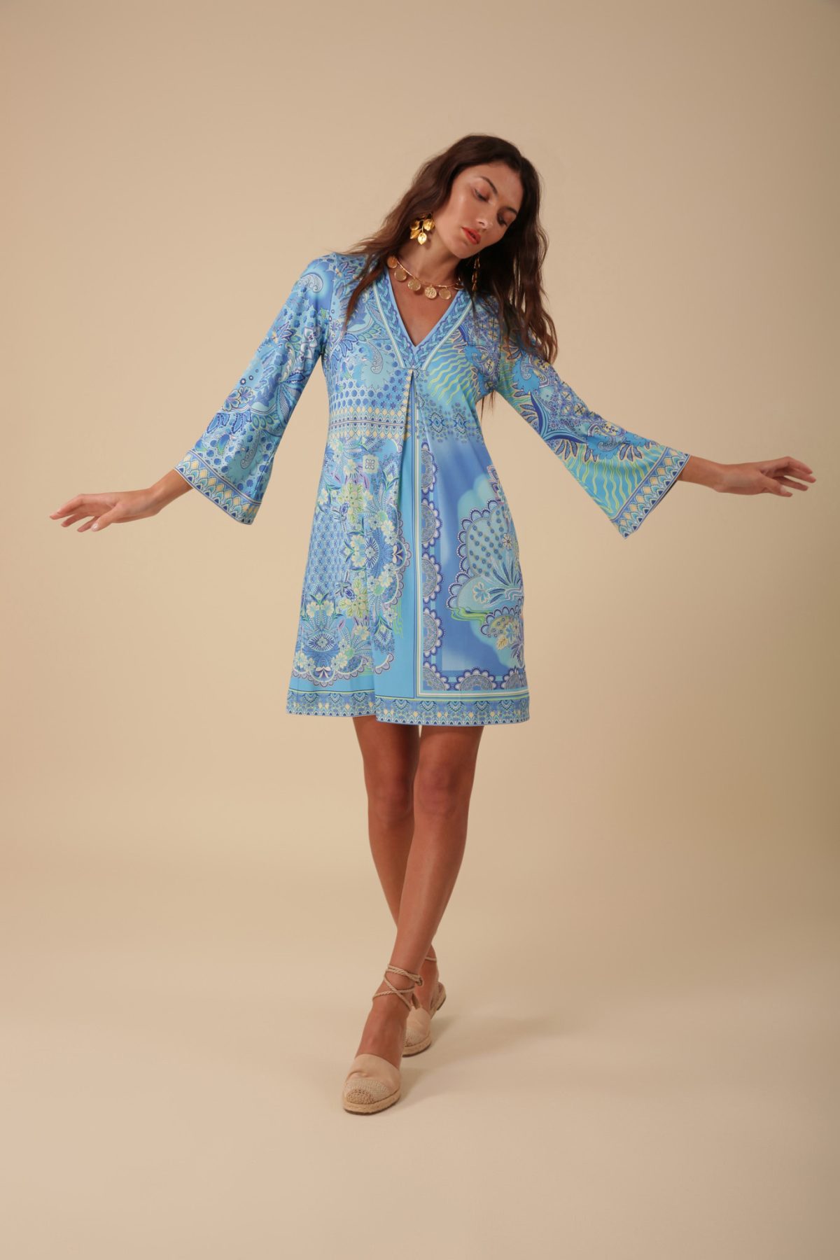 Hale Bob 3ZFL630B Blue Long Beaded Sleeve V Neckline Dress | Ooh Ooh Shoes women's clothing and shoe boutique located in Naples