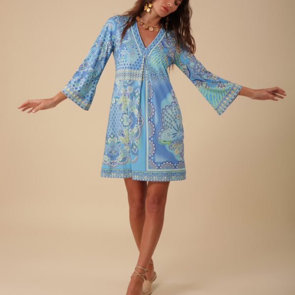Hale Bob 3ZFL630B Blue Long Beaded Sleeve V Neckline Dress | Ooh Ooh Shoes women's clothing and shoe boutique located in Naples