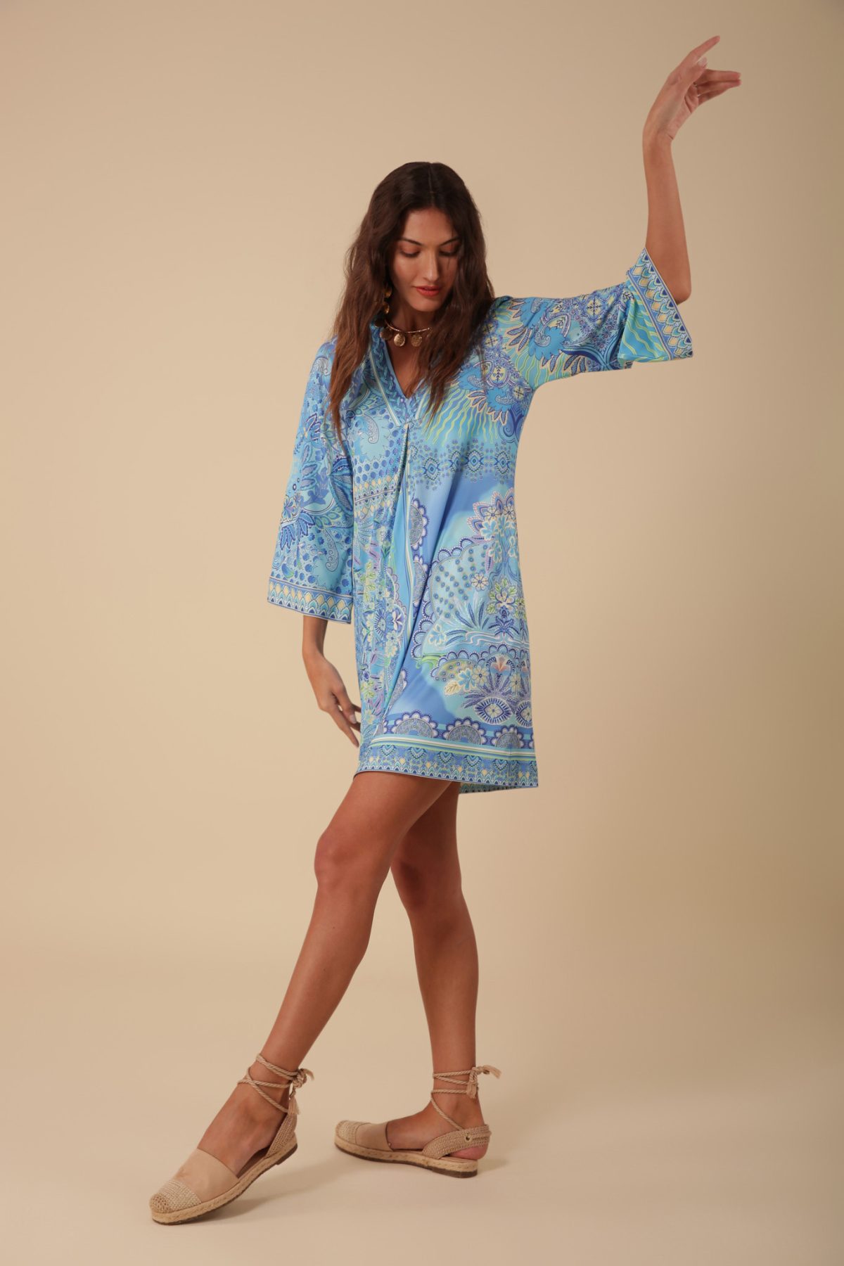 Hale Bob 3ZFL630B Blue Long Sleeve Beaded V Neckline Dress | Ooh Ooh Shoes women's clothing and shoe boutique located in Naples