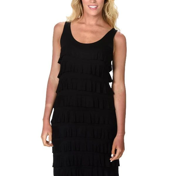 Isle 425-0990 Black Mesh Sleeveless One Ruffle Longer Cha Cha Dress | Ooh Ooh Shoes women's clothing and shoe boutique located in Naples