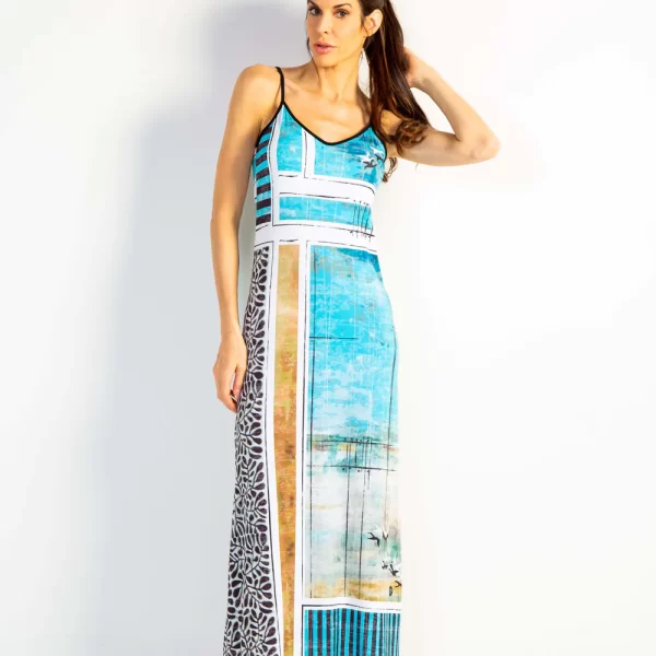 Volt Design WS445-RMB Abys Multi Light Blue Slender Strap Maxi Dress | Ooh Ooh Shoes women's clothing and shoe boutique located in Naples