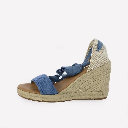 Pinaz 477/7 Blue Open Toe Cotton Band Wedge With Tie For Ankle | Ooh Ooh Shoes women's clothing and shoe boutique located in Naples