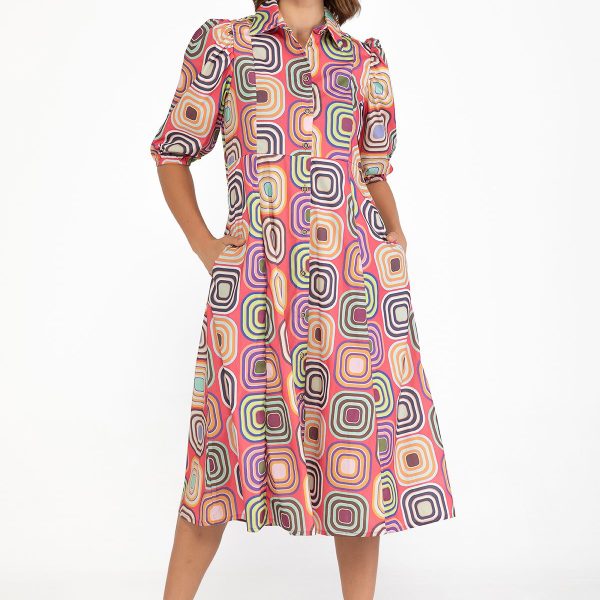 Isle 425-13170 Art Deco Print Short Sleeve Shirtwaist Dress | Ooh Ooh Shoes women's clothing and shoe boutique located in Naples