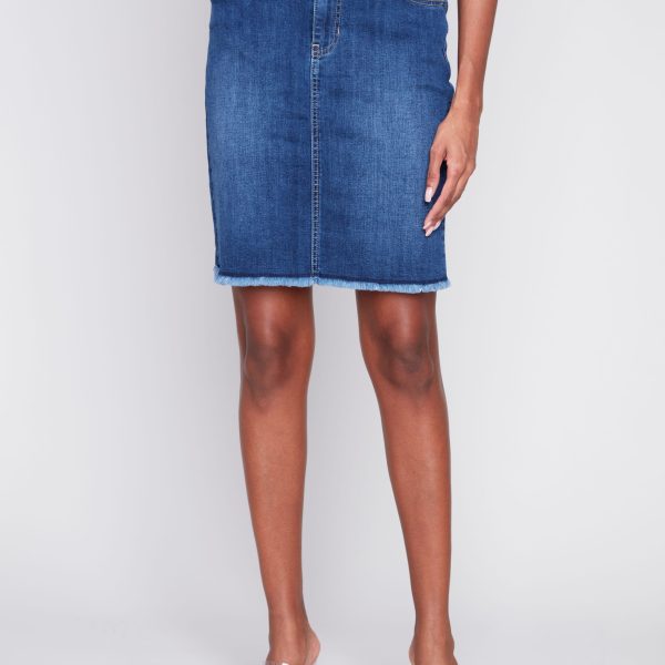 Charlie B C7042Y-431A Indigo Frayed Hem Denim Skort | Ooh Ooh Shoes women's clothing and shoe boutique located in Naples