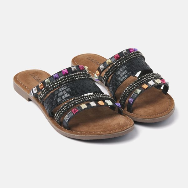Lazamani 75.403 Black Combi Leather Flat Sandal with Multi-colored Accents | Ooh Ooh Shoes women's clothing and shoe boutique located in Naples and Mashpee