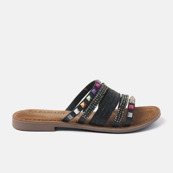 Lazamani 75.403 Black Combi Leather Flat Sandal with Multi-colored Accents | Ooh Ooh Shoes women's clothing and shoe boutique located in Naples and Mashpee