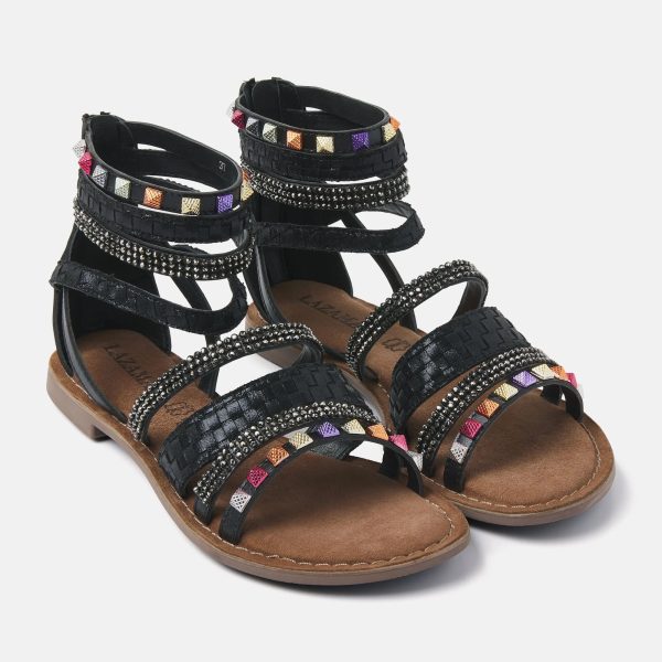 Lazamani 75.406 Black Leather Gladiator Flat Sandal | Ooh Ooh Shoes women's clothing and shoe boutique located in Naples and Mashpee