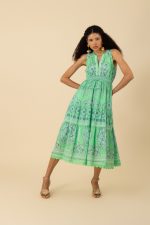 Hale Bob 52DP612A Liv Midi Dress in Green Print with Trim detail at Neck Armhole and Hem | Ooh Ooh Shoes woman's clothing and shoe boutique located in Naples Florida