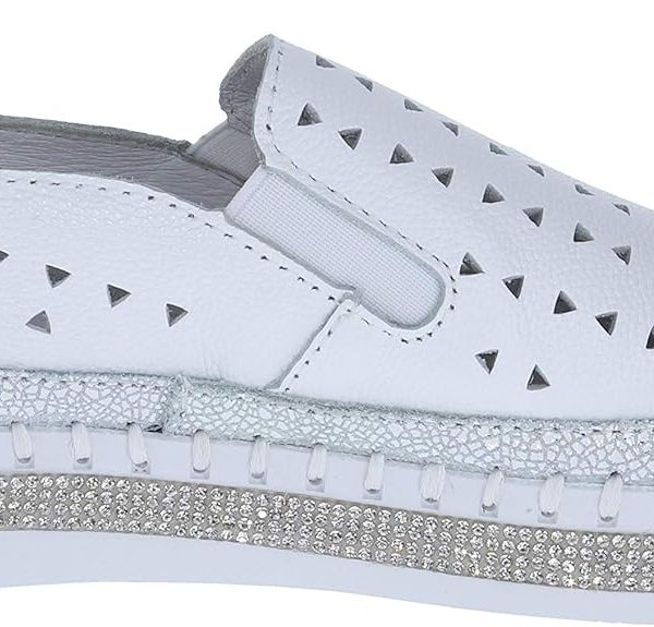 Bernie Mev TW187 White Perforated Leather Slip On Sneaker With Crystal Details | Ooh Ooh Shoes women's clothing and shoe boutique located in Naples