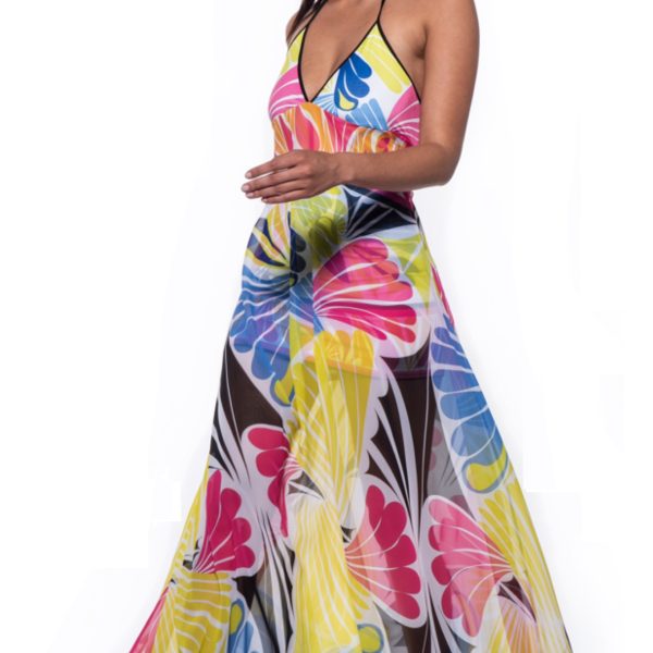 Charm A-1405-CA-22 Multi Print Sleeveless V Neckline Long Dress | Ooh Ooh Shoes women's clothing and shoe boutique located in Naples and Mashpee