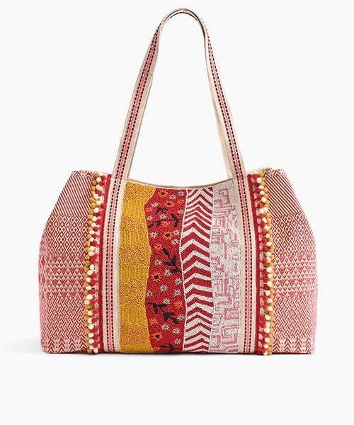 America & Beyond AB22-473 Tigerlily Hand Beaded Front With Pompom Lace Embellished Tote | Ooh Ooh Shoes women's clothing and shoe boutique located in Naples