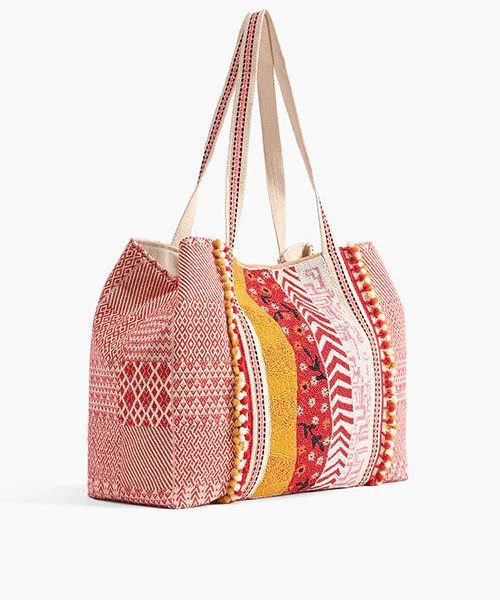 America & Beyond AB22-473 Tigerlily Hand Beaded Front With Pompom Lace Embellished Tote | Ooh Ooh Shoes women's clothing and shoe boutique located in Naples