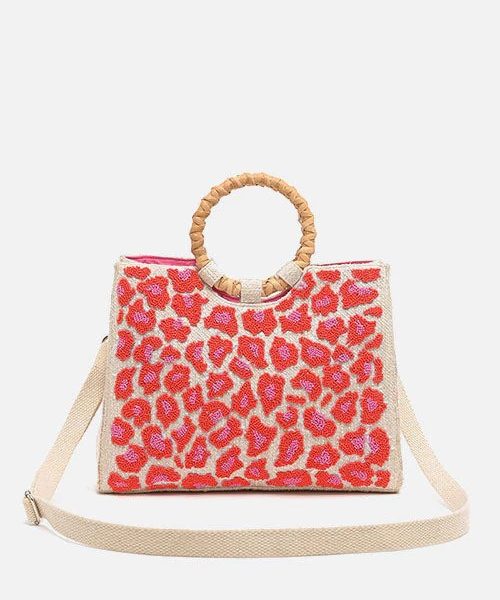 America & Beyond AB22-676 Embellished Pink Leopard Handheld Tote With Crossbody Straps | Ooh Ooh Shoes women's clothing and shoe boutique located in Naples
