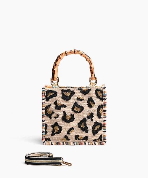 America & Beyond AB23-730 Bamboo Top Handle Luxe Leopard Handbag With Hand Embellished Beadwork | Ooh Ooh Shoes women's clothing and shoe boutique located in Naples