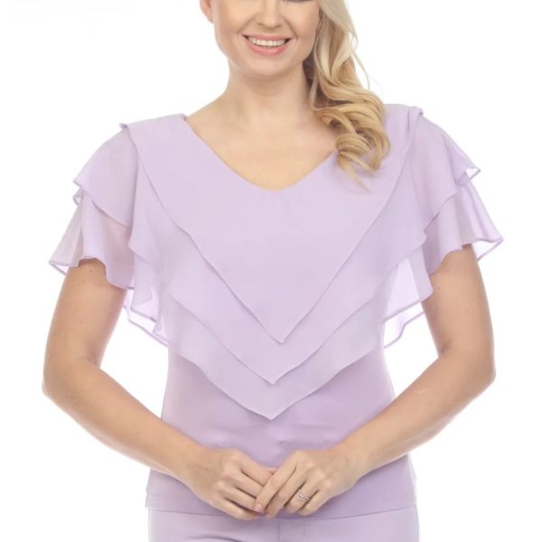 AZI Z11981 Lavender Ruffle layered Katie V-neck top with attached cami| Ooh Ooh Shoes woman's clothing and shoe boutique located in Naples and Mashpee