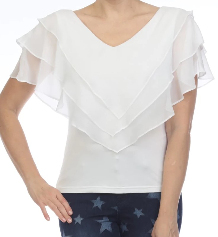 AZI Z11981 White Ruffle layered Katie top with attached cami| Ooh Ooh Shoes woman's clothing and shoe boutique located in Naples and Mashpee