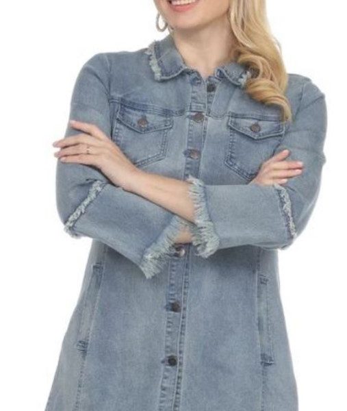 AZI Z12018 Light Wash Denim Long Fray Hem Kelly Jacket | Ooh Ooh Shoes women's clothing and shoe boutique located in Naples