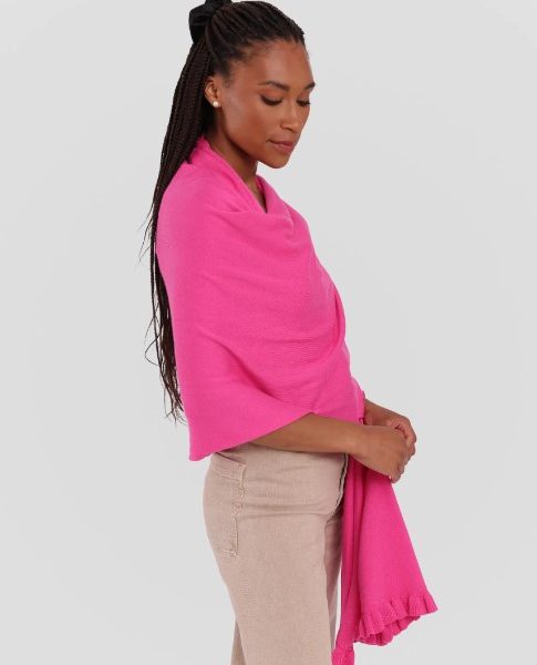 Alashan LC4025-237 Malibu Pink Cotton Cashmere Ruffle Trim Mini Travel Wrap | Ooh Ooh Shoes women's clothing and shoe boutique located in Naples and Mashpee