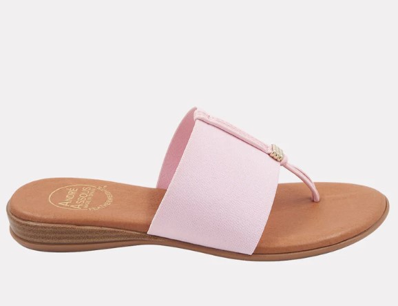 Andre Assous Nice Blush thong style sandal with leather padded footbed and wide elastic band | Ooh Ooh Shoes woman's clothing and shoe boutique located in Naples