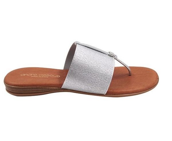 Andre Assous Nice Silver thong style sandal with leather padded footbed and wide elastic band | Ooh Ooh Shoes woman's clothing and shoe boutique located in Naples