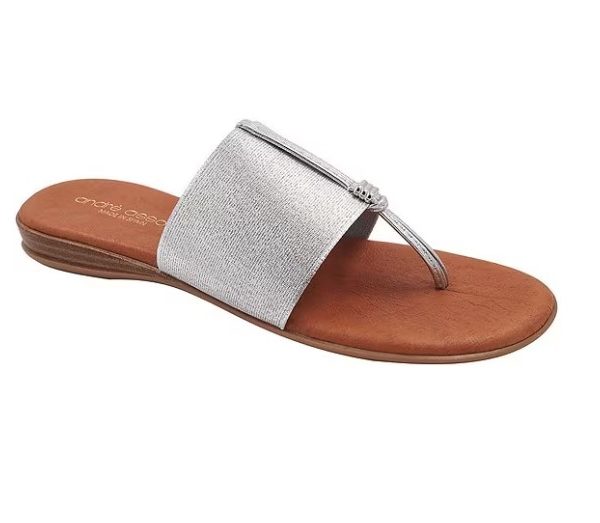 Andre Assous Nice Silver thong style sandal with leather padded footbed and wide elastic band | Ooh Ooh Shoes woman's clothing and shoe boutique located in Naples