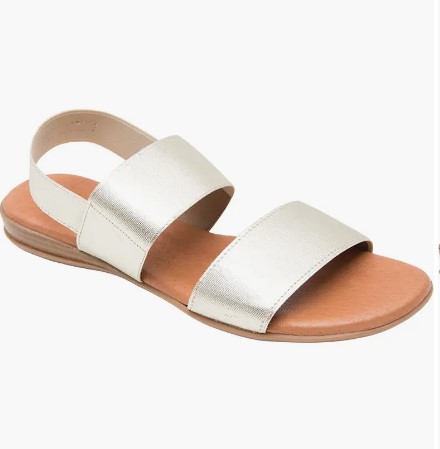 Andre Assous Nigella Platino Leather Slip On Flat Sandal | Ooh Ooh Shoes women's clothing and shoe boutique located in Naples